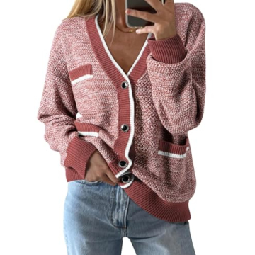 Dokotoo Womens Cardigans Lightweight Casual Plus Size Cardigan for Women Fashion 2024 Open Front Button Down Pink Small