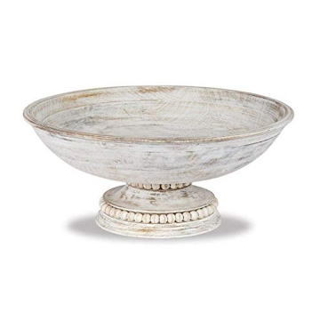 Mud Pie Beaded Wood Pedestal Bowl for Home Decor and Gifting, White