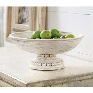 Mud Pie Beaded Wood Bowl - Elegant White-washed Design