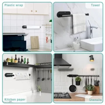 Paper Towel Holder, Self Adhesive or Drilling Paper Towel Holder Under Cabinet, Stainless Steel Black Paper Towel Holder Wall Mount for Kitchen, Bathroom, Sink, Pantry, Fridge