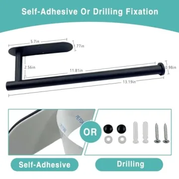 Paper Towel Holder, Self Adhesive or Drilling Paper Towel Holder Under Cabinet, Stainless Steel Black Paper Towel Holder Wall Mount for Kitchen, Bathroom, Sink, Pantry, Fridge