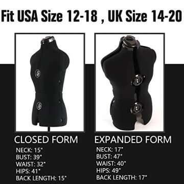 PDM WORLDWIDE Black Dress Form Adjustable Mannequin for Sewing, Female Size 12-18 Pinnable Body Form...