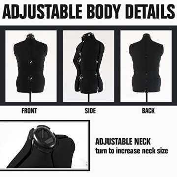 PDM WORLDWIDE Black Dress Form Adjustable Mannequin for Sewing, Female Size 12-18 Pinnable Body Form with 13 Dials & Detachable Casters, 42.5"-60" Height Range for Clothing Display, Medium to Large