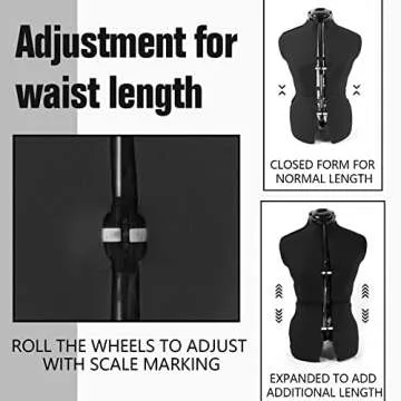 PDM WORLDWIDE Black Dress Form Adjustable Mannequin for Sewing, Female Size 12-18 Pinnable Body Form with 13 Dials & Detachable Casters, 42.5"-60" Height Range for Clothing Display, Medium to Large