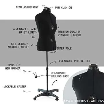 PDM WORLDWIDE Black Dress Form Adjustable Mannequin for Sewing, Female Size 12-18 Pinnable Body Form with 13 Dials & Detachable Casters, 42.5"-60" Height Range for Clothing Display, Medium to Large