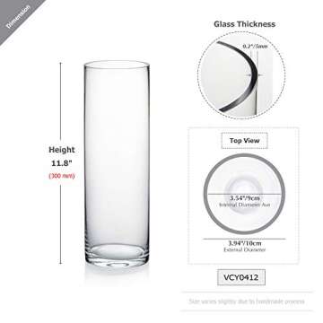 WGVI Quality Thick Weighted Clear Cylinder Glass Vases, 4" W x 12" H, Flower Arrangement Floating Ca...