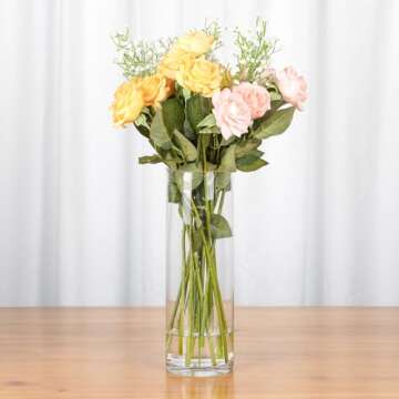 WGVI Quality Thick Weighted Clear Cylinder Glass Vases, 4" W x 12" H, Flower Arrangement Floating Candle Holders Wedding Centerpieces Terrarium Planter Floral Countertop Storage Container, 1 Piece