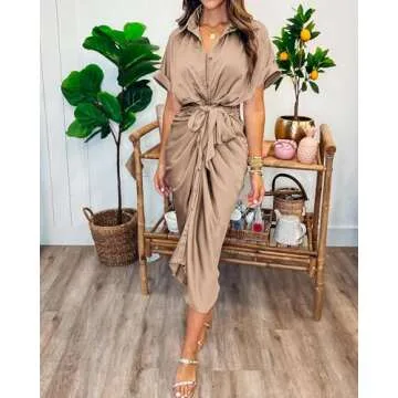 BTFBM 2025 Women Button Down Ruched Shirt Dresses Short Sleeve Lapel V Neck Elegant Party Spring Sum...