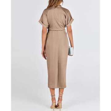 BTFBM 2025 Women Button Down Ruched Shirt Dresses Short Sleeve Lapel V Neck Elegant Party Spring Summer Maxi Satin Dress(Short Sleeve Light Khaki, Small)