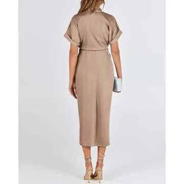 BTFBM 2025 Women Button Down Ruched Shirt Dresses Short Sleeve Lapel V Neck Elegant Party Spring Summer Maxi Satin Dress(Short Sleeve Light Khaki, Small)