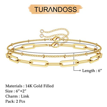 Turandoss Gold Bracelets for Women, 14K Filled Layering Oval Chain Bracelet Cute Layered Beads Women Jewelry(Oval & Chain)