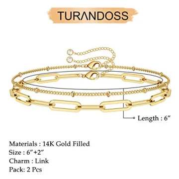 Turandoss Gold Bracelets for Women, 14K Filled Layering Oval Chain Bracelet Cute Layered Beads Women Jewelry(Oval & Chain)