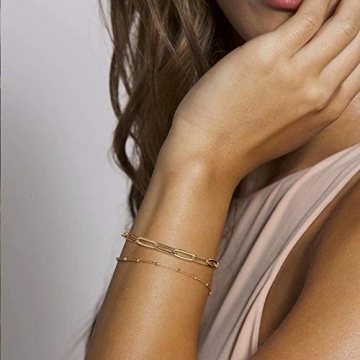 Turandoss Gold Bracelets for Women, 14K Filled Layering Oval Chain Bracelet Cute Layered Beads Women Jewelry(Oval & Chain)