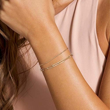 Turandoss Gold Bracelets for Women, 14K Filled Layering Oval Chain Bracelet Cute Layered Beads Women Jewelry(Oval & Chain)