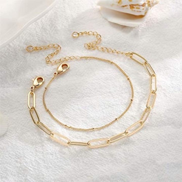 Turandoss Gold Bracelets for Women, 14K Filled Layering Oval Chain Bracelet Cute Layered Beads Women Jewelry(Oval & Chain)