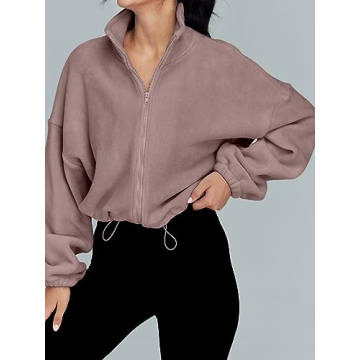 AUTOMET Womens Fleece Jackets Zip Up Oversized Sweatshirts Winter Clothes Long Sleeve Crop Sherpa Fall Outfits Fashion CoffeeGrey L