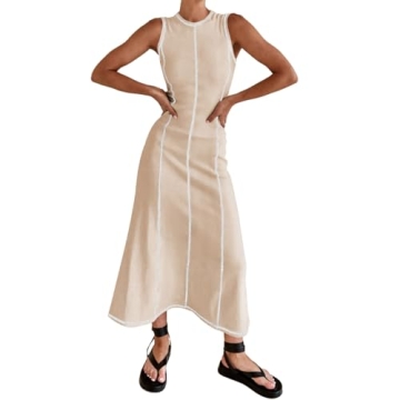 AGYMNX Women’s Sleeveless T Shirt Dress Ribbed Knit Long Tank Dress Summer Y2K Maxi Dresses Aprico...