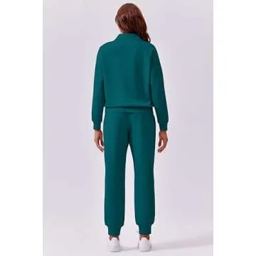 PINSPARK Two Piece Sets for Women 2024 Fall Travel Outfits Lounge Set Long Sleeve Tracksuit Sweatsuit Half Zip Jogger Set Matching Set,Green Jade Large