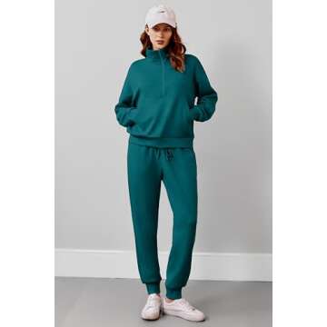 PINSPARK Two Piece Sets for Women 2024 Fall Travel Outfits Lounge Set Long Sleeve Tracksuit Sweatsuit Half Zip Jogger Set Matching Set,Green Jade Large