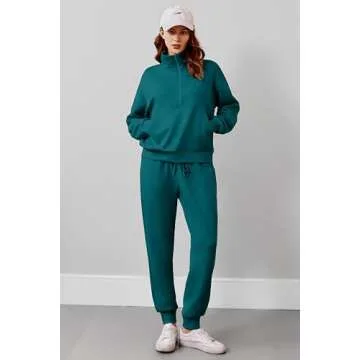 PINSPARK Two Piece Sets for Women 2024 Fall Travel Outfits Lounge Set Long Sleeve Tracksuit Sweatsuit Half Zip Jogger Set Matching Set,Green Jade Large
