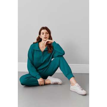 PINSPARK Two Piece Sets for Women 2024 Fall Travel Outfits Lounge Set Long Sleeve Tracksuit Sweatsuit Half Zip Jogger Set Matching Set,Green Jade Large