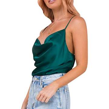 Miessial Women's Spaghetti Straps V Neck Satin Camisole Sleeveless Soft Tank Tops Dark Green 8