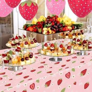 Ayearparty 4 Pack Strawberry Tablecloth Sweet One Birthday Table Cover Berry First Birthday Decorations Plastic Strawberry Theme Party Decor Party Supplies for Girls Baby Shower 108 x 54 in