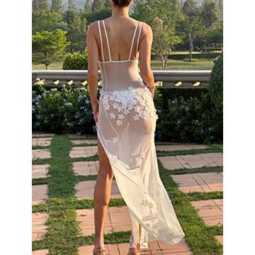 Sexy See Through Sheer Lace Maxi Dress Floral Lace Patchwork Backless Bodycon Long Dresses Beach Vacation Party Wear (Floral High Slit White, S)