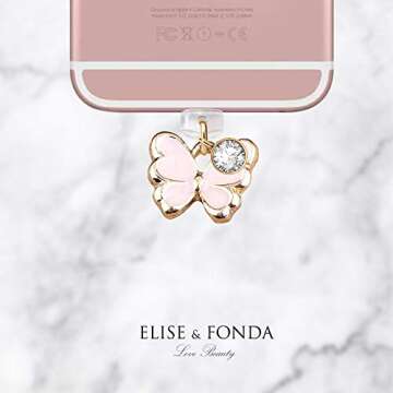 ELISE & FONDA CP216 USB Charging Port Anti Dust Plug Tiny Butterfly Pendant Phone Charm for iPhone 11/ XS MAX/XR/X/8 Plus/7/6S/8/SE iPad iPod (Pink)