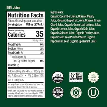 Suja Organic Cold-Pressed Uber Greens, Green Juice full of Leafy Green Cucumber, Celery, Chard, Lettuce, Kale & Grapefruit, Vegan, Plant-Based & USDA Certified (46 Fl Oz)