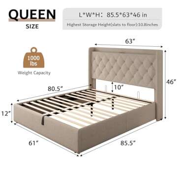 iPormis Queen Size Lift Up Storage Bed Frame with Charging Station, Upholstered Platform Bed Frame w...