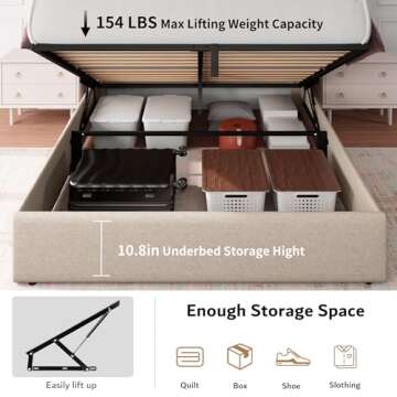iPormis Queen Size Lift Up Storage Bed Frame with Charging Station, Upholstered Platform Bed Frame with Tufted Headboard, Hydraulic Storage, No Box Spring Needed, Noise-Free, Easy Assembly, Beige