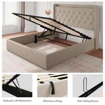 iPormis Queen Size Lift Up Storage Bed Frame with Charging Station, Upholstered Platform Bed Frame with Tufted Headboard, Hydraulic Storage, No Box Spring Needed, Noise-Free, Easy Assembly, Beige