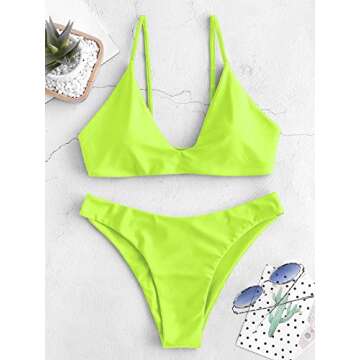 ZAFUL Women's Tie Back Padded High Cut Bralette Bikini Set Two Piece Swimsuit (1-Green Yellow, S)