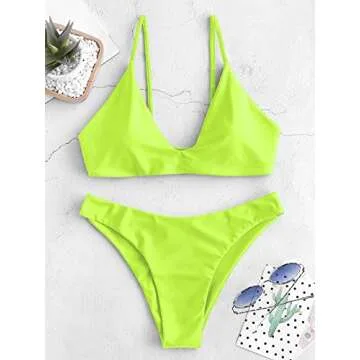 ZAFUL Women's Tie Back Padded High Cut Bralette Bikini Set Two Piece Swimsuit (1-Green Yellow, S)