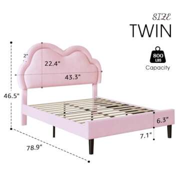 Jocisland LED Twin Bed Frame with Adjustable Cloud Headboard, Velvet Upholstered Platform Bed, No Bo...