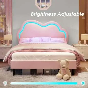Jocisland LED Twin Bed Frame with Adjustable Cloud Headboard, Velvet Upholstered Platform Bed, No Box Spring Needed, Easy Assembly, Pink