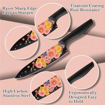 Marco Almond Knife Set Artistic Designed Pattern Kitchen Knife 6 Stainless Steel Kitchen Knives w 6 Blade Guards,Dishwasher Safe Kitche Knife Set for Family Kitchen Knives Set for Chefs