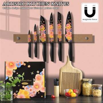 Marco Almond Knife Set Artistic Designed Pattern Kitchen Knife 6 Stainless Steel Kitchen Knives w 6 Blade Guards,Dishwasher Safe Kitche Knife Set for Family Kitchen Knives Set for Chefs