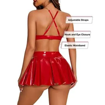 Avidlove Lingerie Set for Women Sexy Cosplay Lingerie Leather Bunny Costume Latex 4pack Chain Cut-out Halloween Outfit(Red,S)