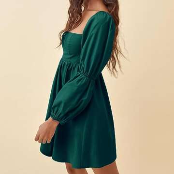 EXLURA Women's Square Neck Puff Sleeve A-Line Mini Dress in Dark Green
