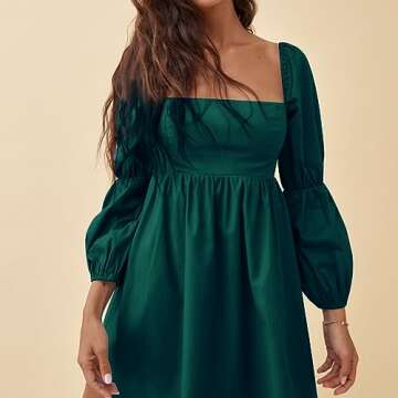 EXLURA Square Neck Dress Puff Sleeve Casual Dress