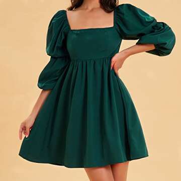 EXLURA Square Neck Dress Puff Sleeve Casual Dress