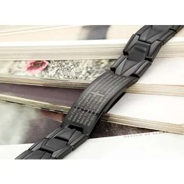 Flongo Men's Vintage Stainless Steel Black Cross Black English Bible Lords Prayer Link Wrist Bracele...