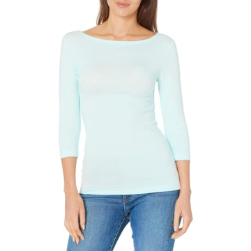 Amazon Essentials Women's Aqua Blue Slim-Fit 3/4 Sleeve Boat Neck T-Shirt