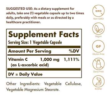 Solgar Vitamin C 1000 mg, 250 Vegetable Capsules - Antioxidant & Immune Support - Overall Health - H...