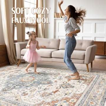 9x12 Area Rug Living Room: Washable Boho Large Neutral Vintage Soft Rugs Stain Resistant Farmhouse Non Slip Indoor Floor Carpet for Bedroom Nursery Kids Playroom Office Dining Room- Beige Blue