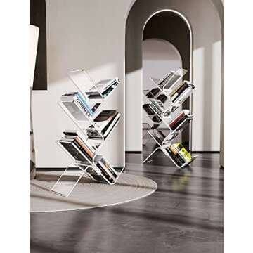 solaround Acrylic Tree Bookcases Modern Clear Wall Bookshelf Standing Bookcase Tree Organizer Decorative Storage Rack(5-Tier Floor, Clear)