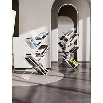 solaround Acrylic Tree Bookcases Modern Clear Wall Bookshelf Standing Bookcase Tree Organizer Decorative Storage Rack(5-Tier Floor, Clear)