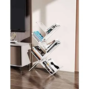 solaround Acrylic Tree Bookcases Modern Clear Wall Bookshelf Standing Bookcase Tree Organizer Decorative Storage Rack(5-Tier Floor, Clear)